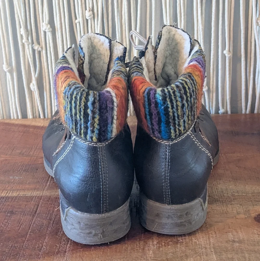 Rieker Black Leather Lace-Up Ankle Boots with Multi-Color Knit Cuff - Size 41